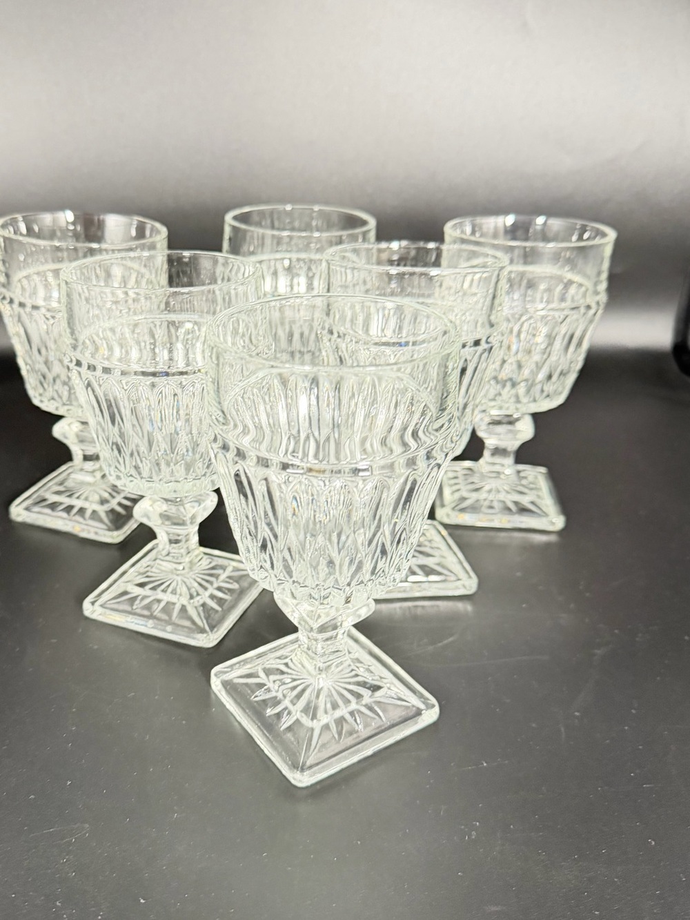 Vintage Indiana Glass Mt Vernon Clear Water Goblets 6” Square Base Set of 6